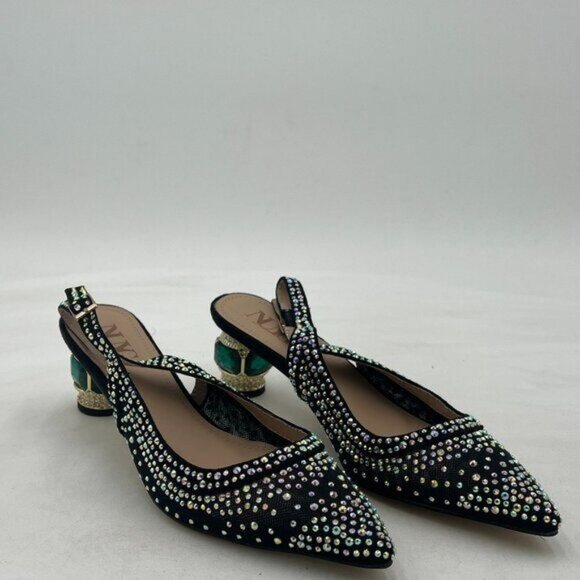 Women Pointed Toe Slingback Wedding Pumps Chunky Low Heel Rhinestone Sandals - Picture 2 of 7